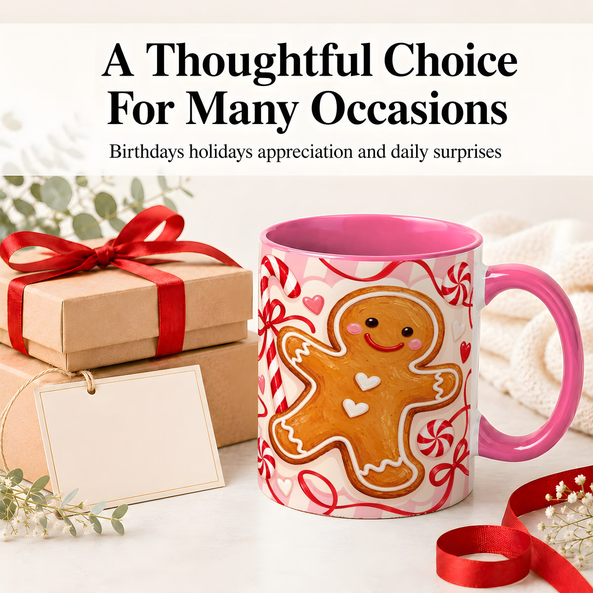 #pl[11oz|Pink] Gingerbread Candy Cane Ceramic Mug with Peppermint Christmas Artwork