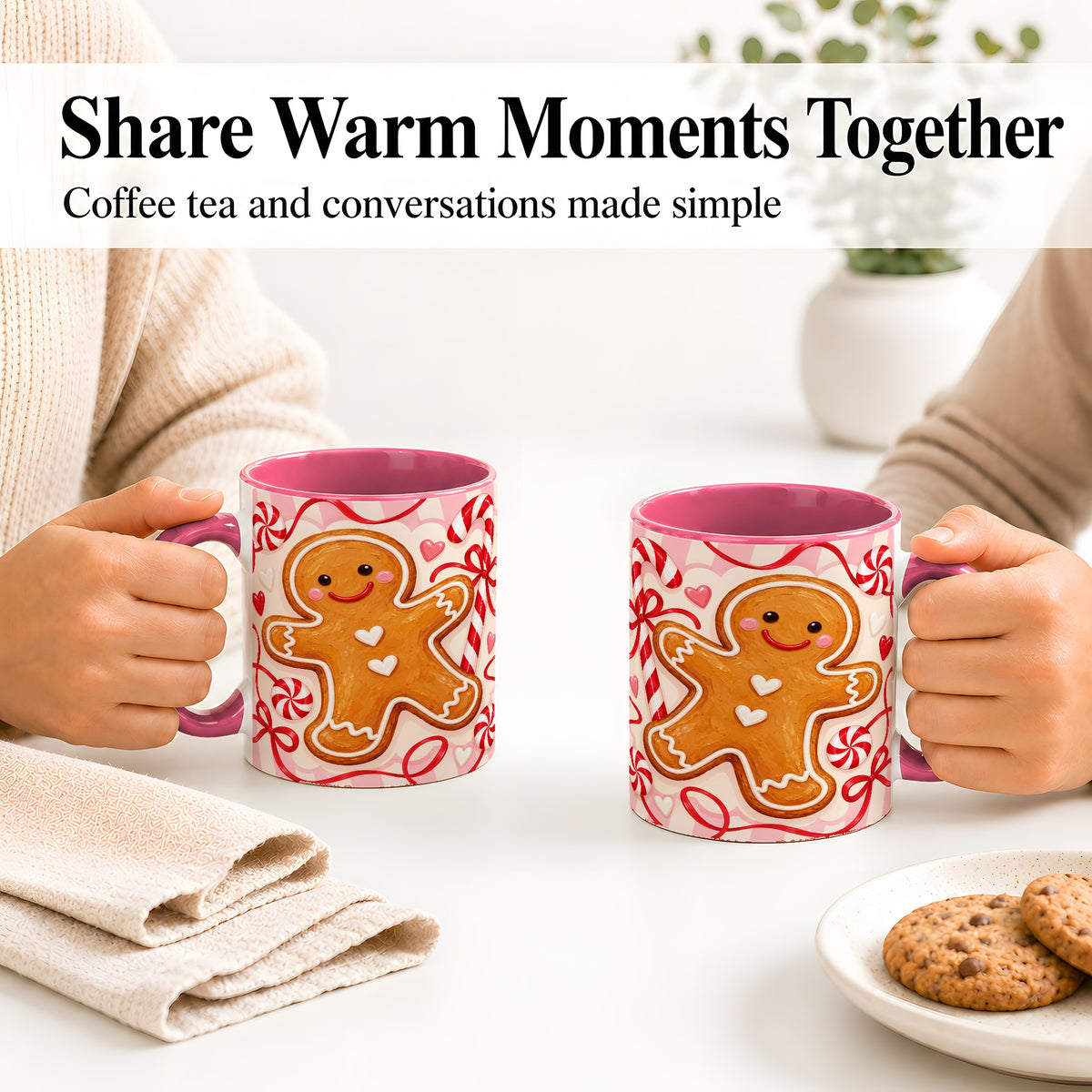 #pl[11oz|Pink] Gingerbread Candy Cane Ceramic Mug with Peppermint Christmas Artwork