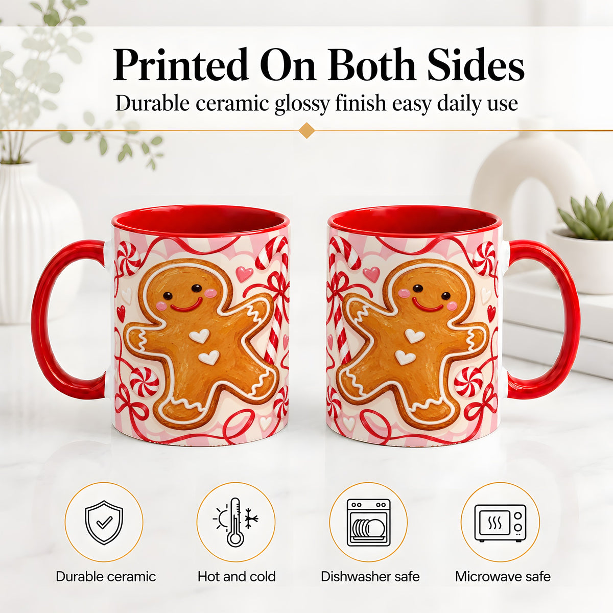 #pl[11oz|Red] Gingerbread Candy Cane Ceramic Mug with Peppermint Christmas Artwork