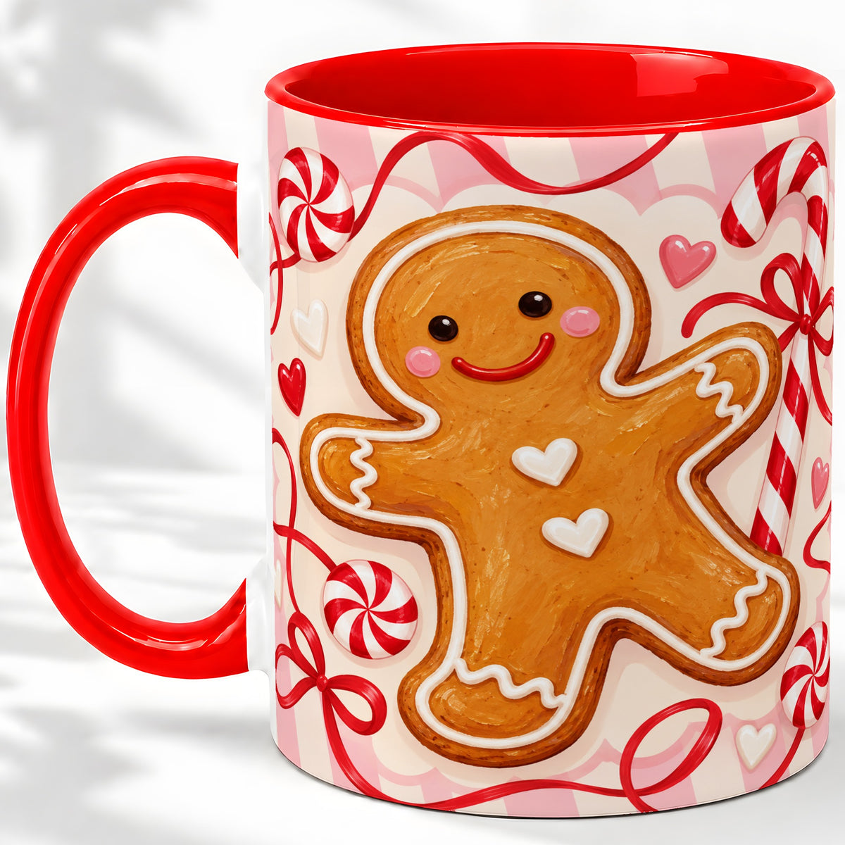 Gingerbread Candy Cane Ceramic Mug with Peppermint Christmas Artwork