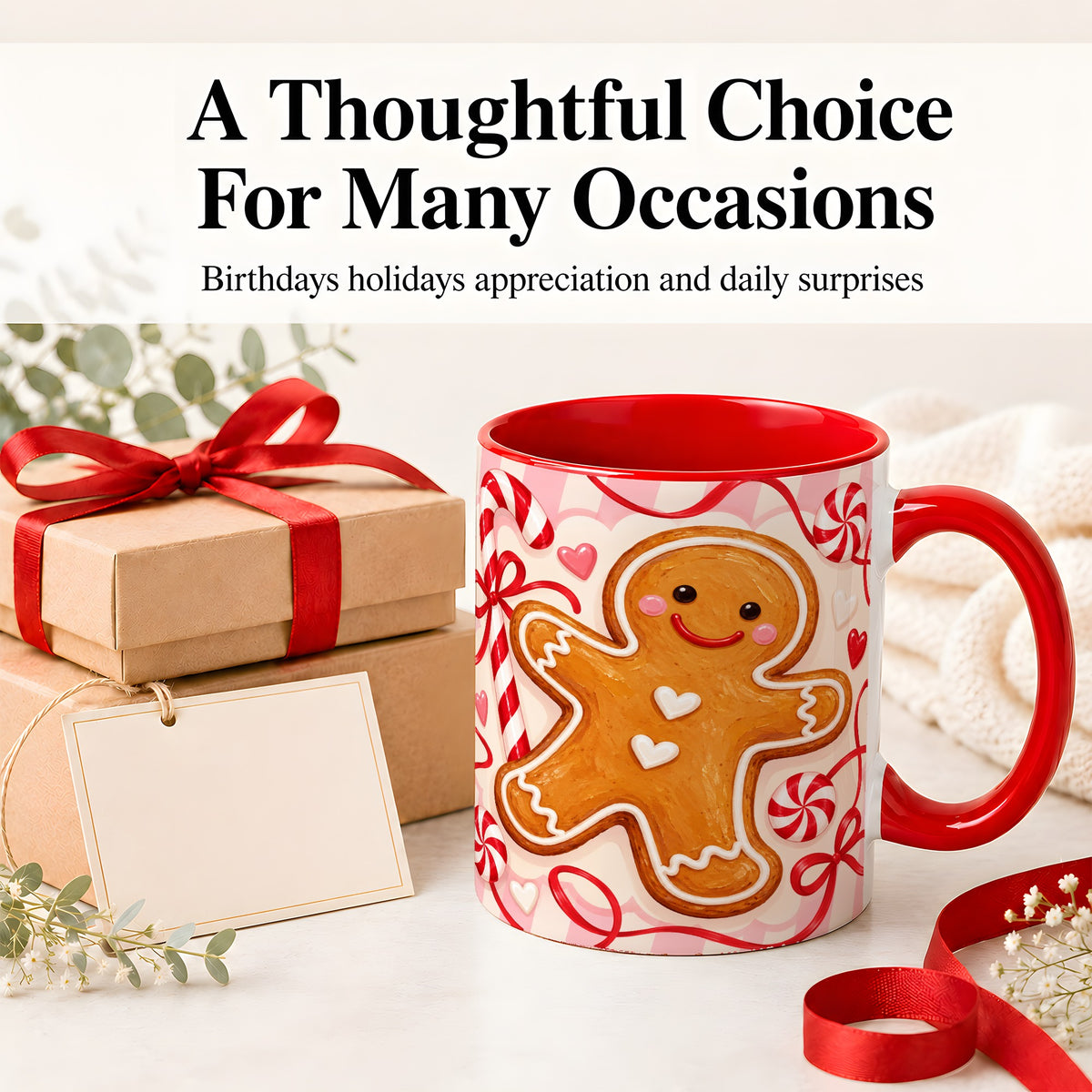 #pl[11oz|Red] Gingerbread Candy Cane Ceramic Mug with Peppermint Christmas Artwork