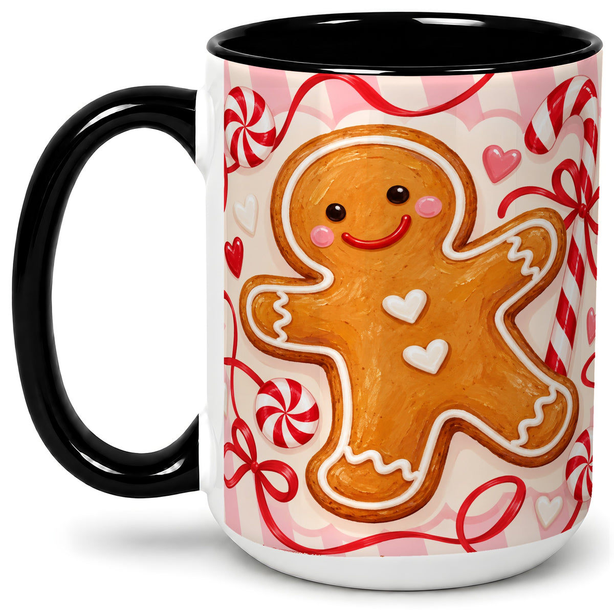 #pl[15oz|Black] Gingerbread Candy Cane Ceramic Mug with Peppermint Christmas Artwork