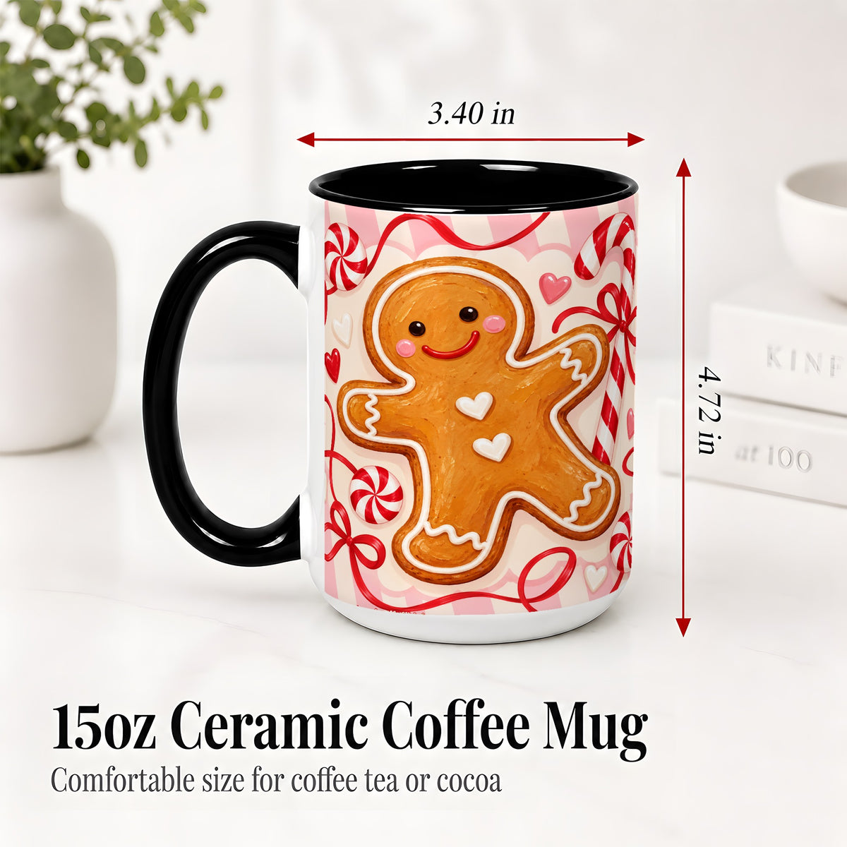 #pl[15oz|Black] Gingerbread Candy Cane Ceramic Mug with Peppermint Christmas Artwork