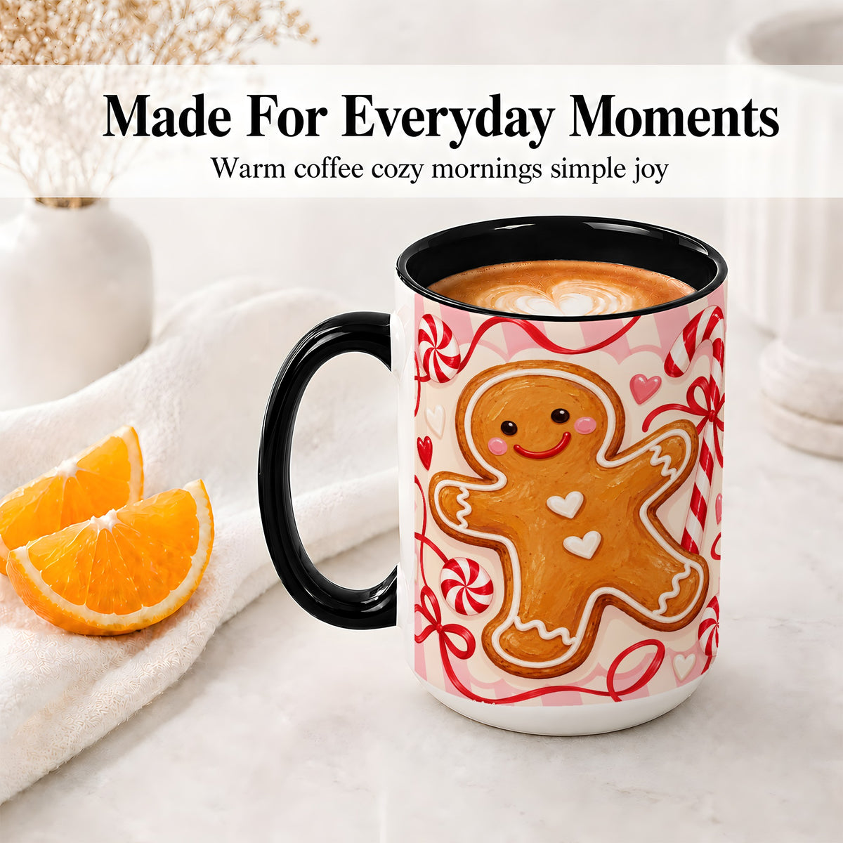 #pl[15oz|Black] Gingerbread Candy Cane Ceramic Mug with Peppermint Christmas Artwork