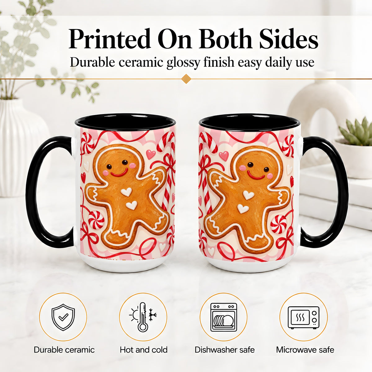 #pl[15oz|Black] Gingerbread Candy Cane Ceramic Mug with Peppermint Christmas Artwork