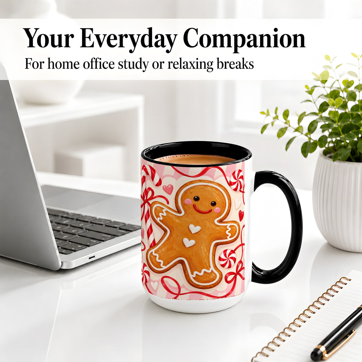 #pl[15oz|Black] Gingerbread Candy Cane Ceramic Mug with Peppermint Christmas Artwork