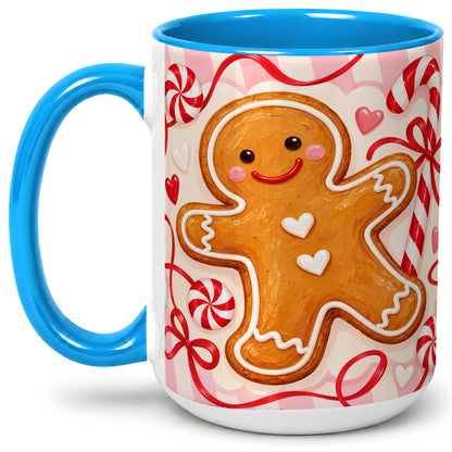 #pl[15oz|Blue] Gingerbread Candy Cane Ceramic Mug with Peppermint Christmas Artwork