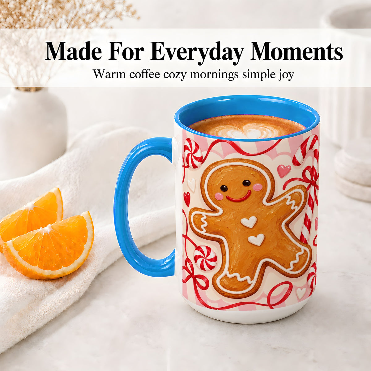 #pl[15oz|Blue] Gingerbread Candy Cane Ceramic Mug with Peppermint Christmas Artwork