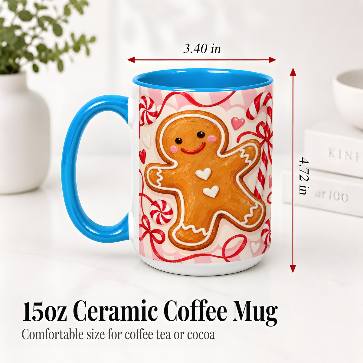 #pl[15oz|Blue] Gingerbread Candy Cane Ceramic Mug with Peppermint Christmas Artwork
