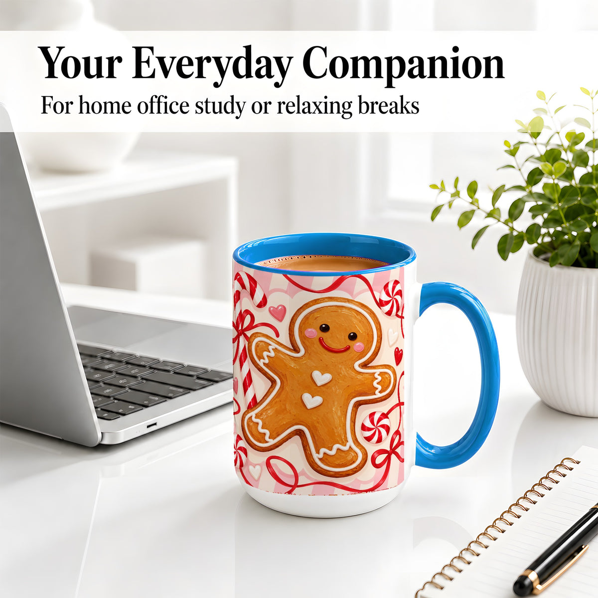 #pl[15oz|Blue] Gingerbread Candy Cane Ceramic Mug with Peppermint Christmas Artwork