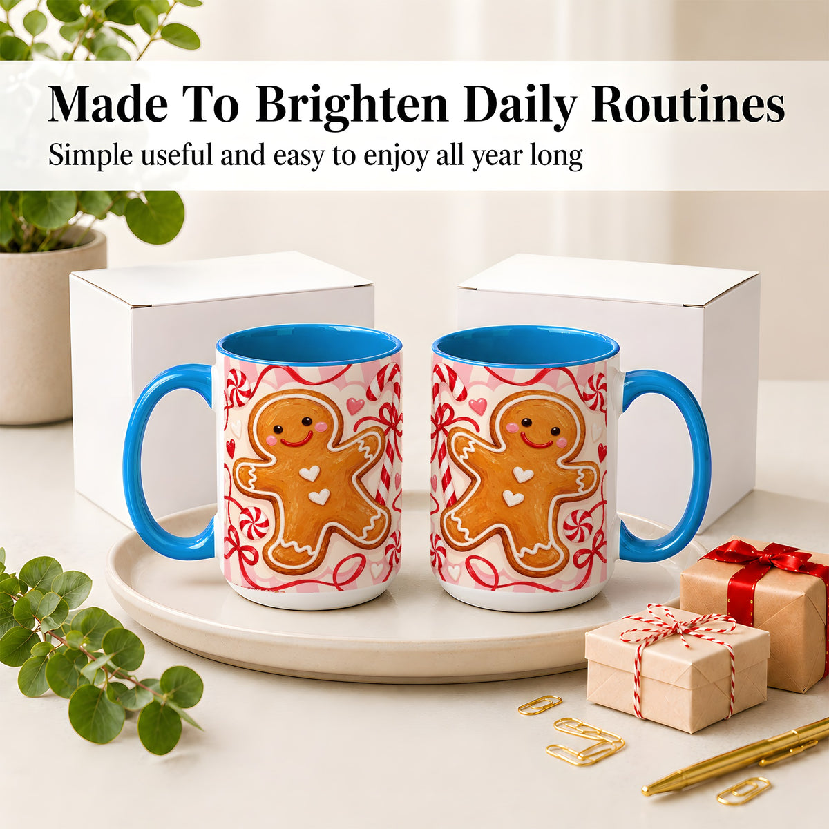#pl[15oz|Blue] Gingerbread Candy Cane Ceramic Mug with Peppermint Christmas Artwork