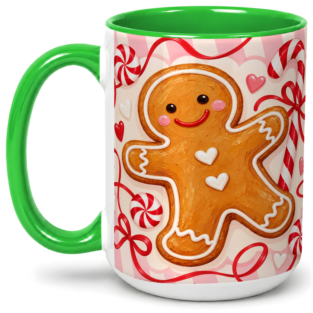 #pl[15oz|Green] Gingerbread Candy Cane Ceramic Mug with Peppermint Christmas Artwork