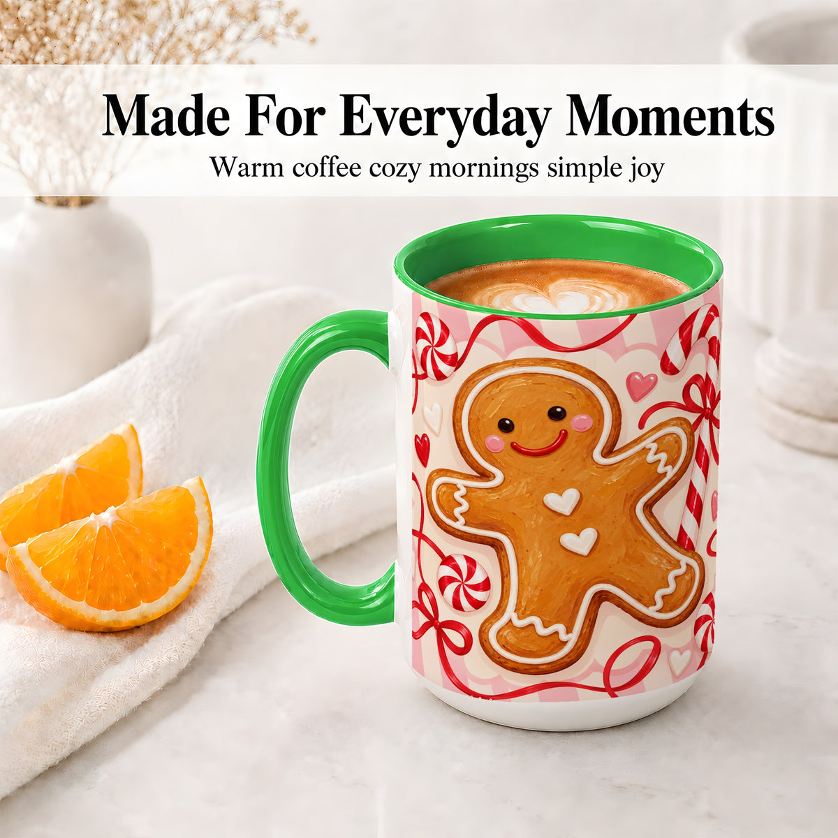 #pl[15oz|Green] Gingerbread Candy Cane Ceramic Mug with Peppermint Christmas Artwork