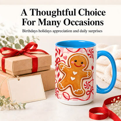 #pl[15oz|Blue] Gingerbread Candy Cane Ceramic Mug with Peppermint Christmas Artwork