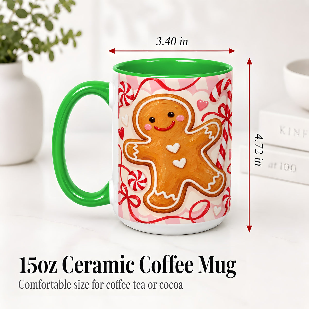 #pl[15oz|Green] Gingerbread Candy Cane Ceramic Mug with Peppermint Christmas Artwork