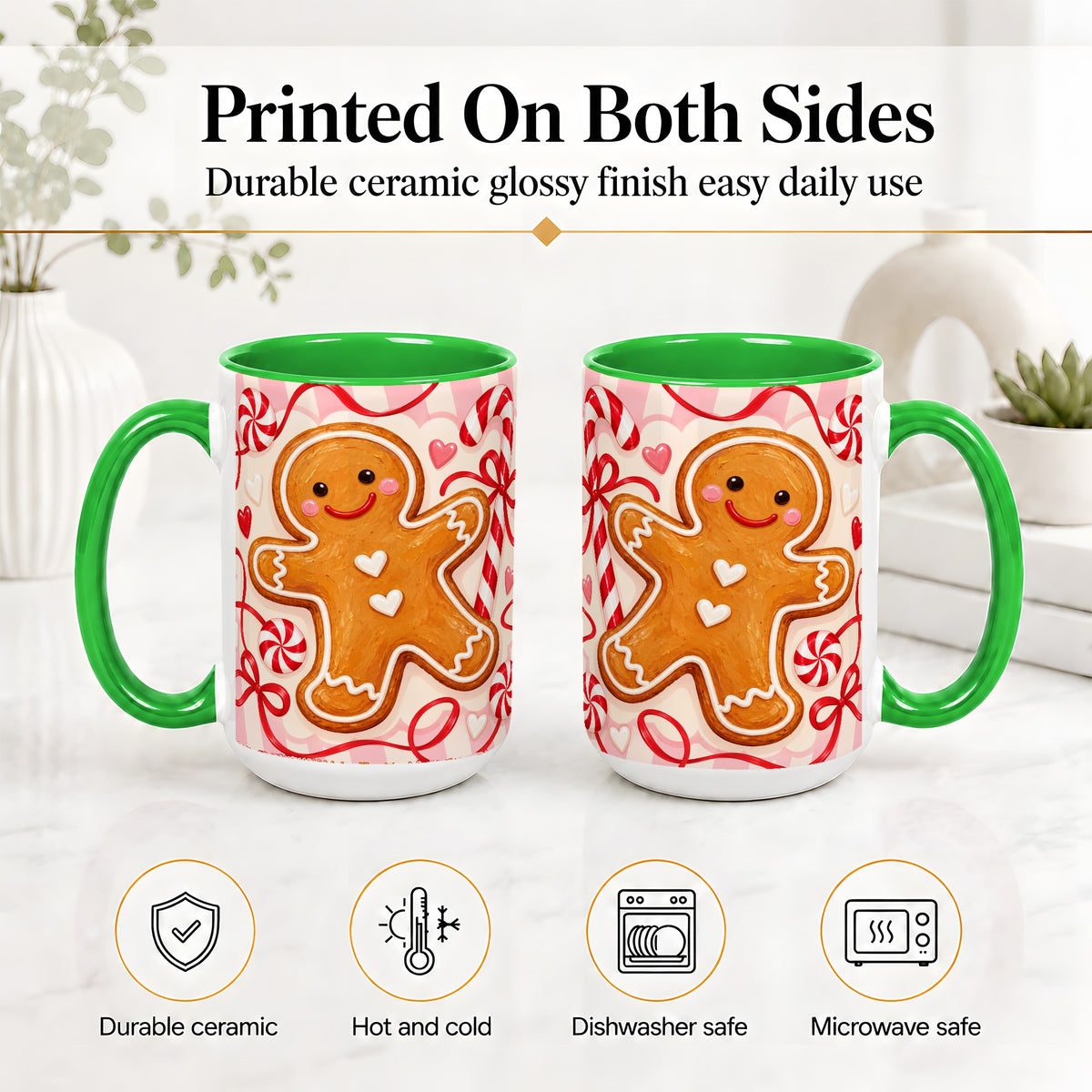 #pl[15oz|Green] Gingerbread Candy Cane Ceramic Mug with Peppermint Christmas Artwork