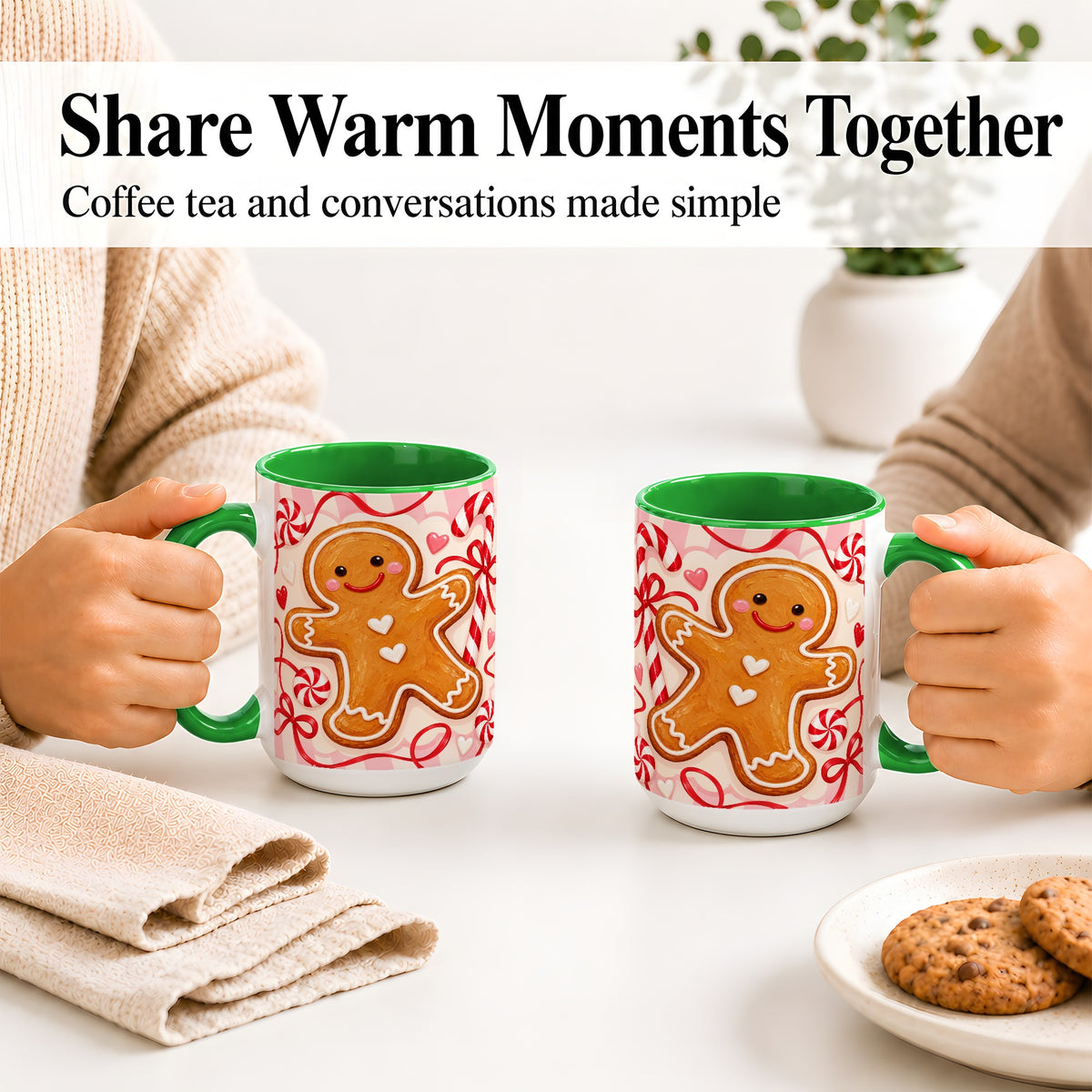 #pl[15oz|Green] Gingerbread Candy Cane Ceramic Mug with Peppermint Christmas Artwork