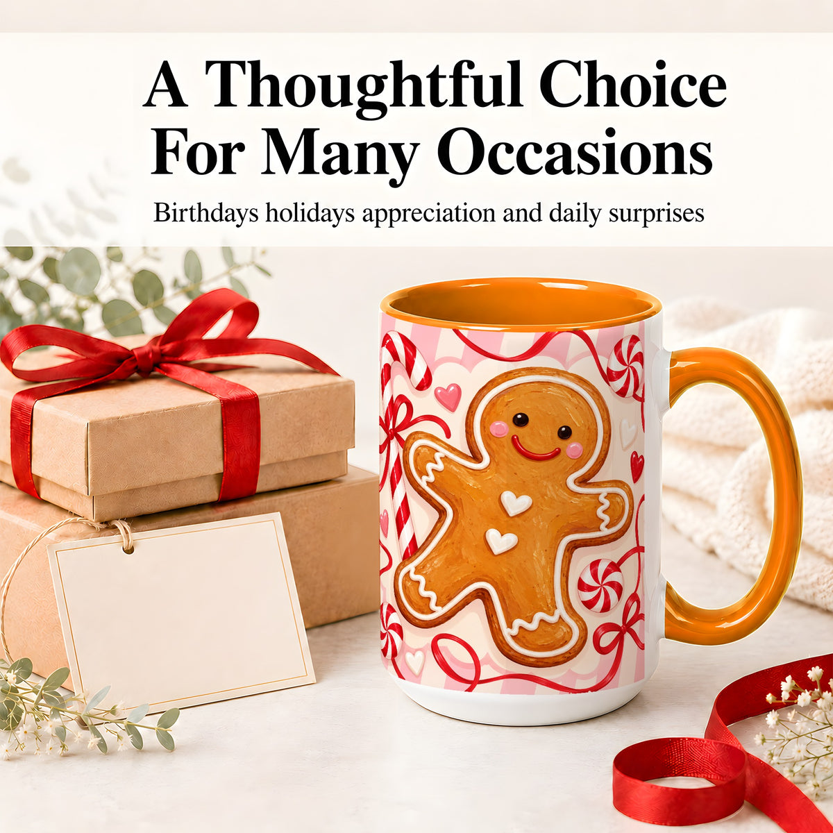 #pl[15oz|Orange] Gingerbread Candy Cane Ceramic Mug with Peppermint Christmas Artwork