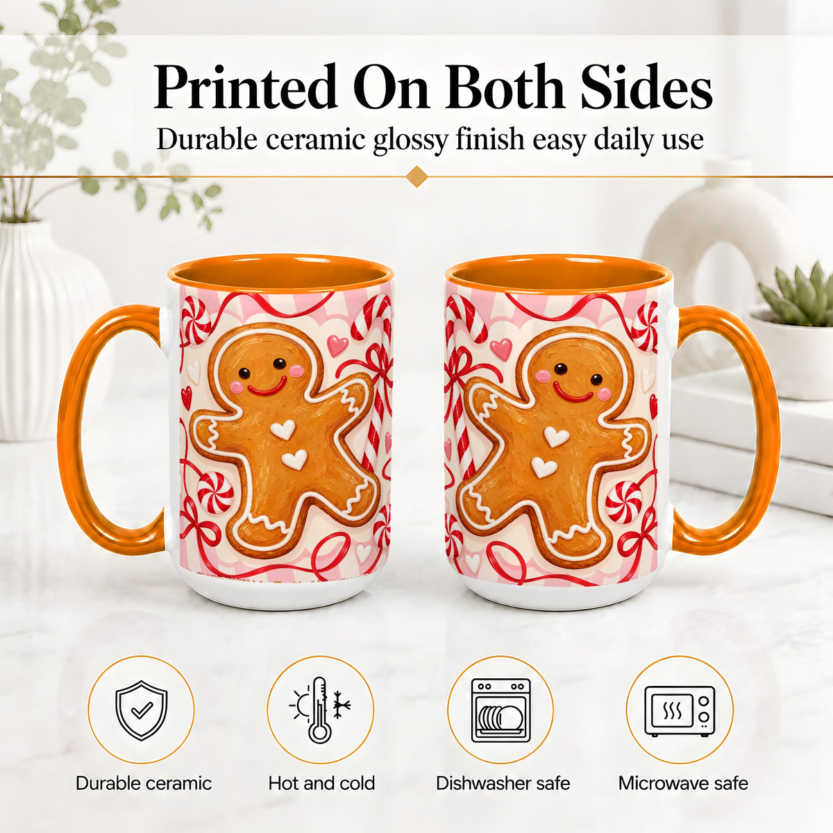 #pl[15oz|Orange] Gingerbread Candy Cane Ceramic Mug with Peppermint Christmas Artwork