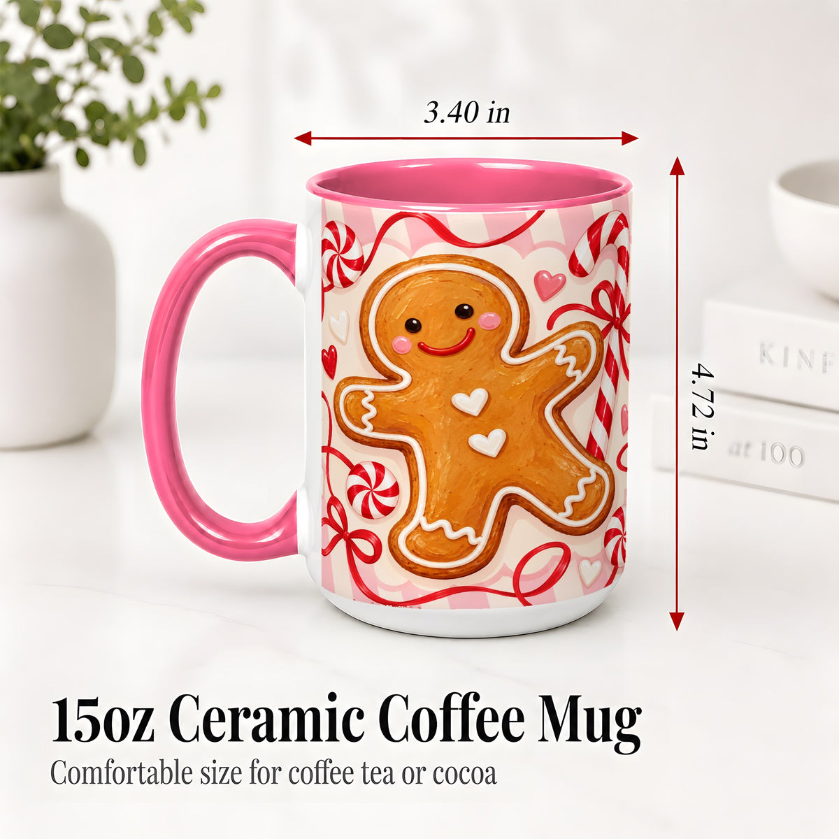 #pl[15oz|Pink] Gingerbread Candy Cane Ceramic Mug with Peppermint Christmas Artwork