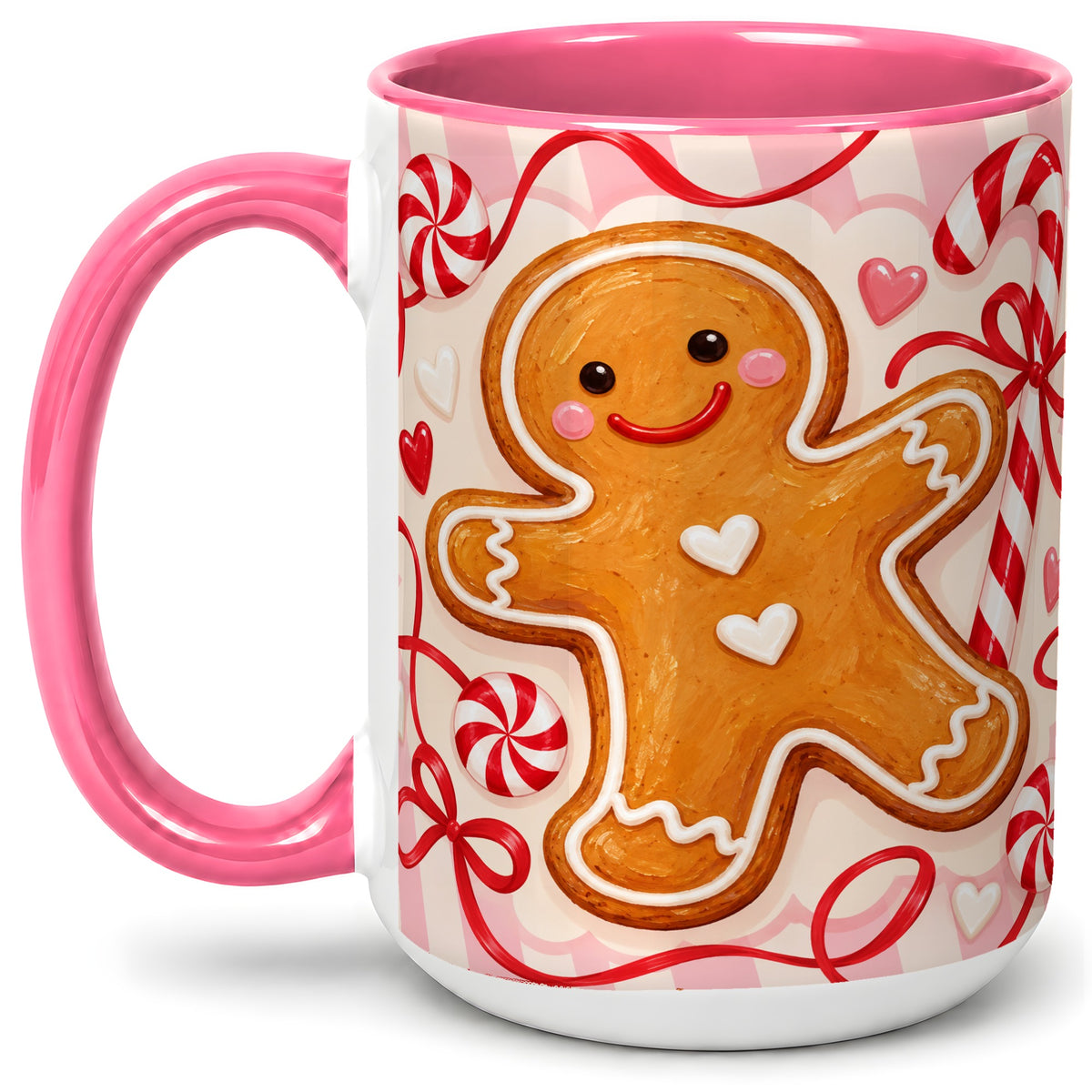 #pl[15oz|Pink] Gingerbread Candy Cane Ceramic Mug with Peppermint Christmas Artwork