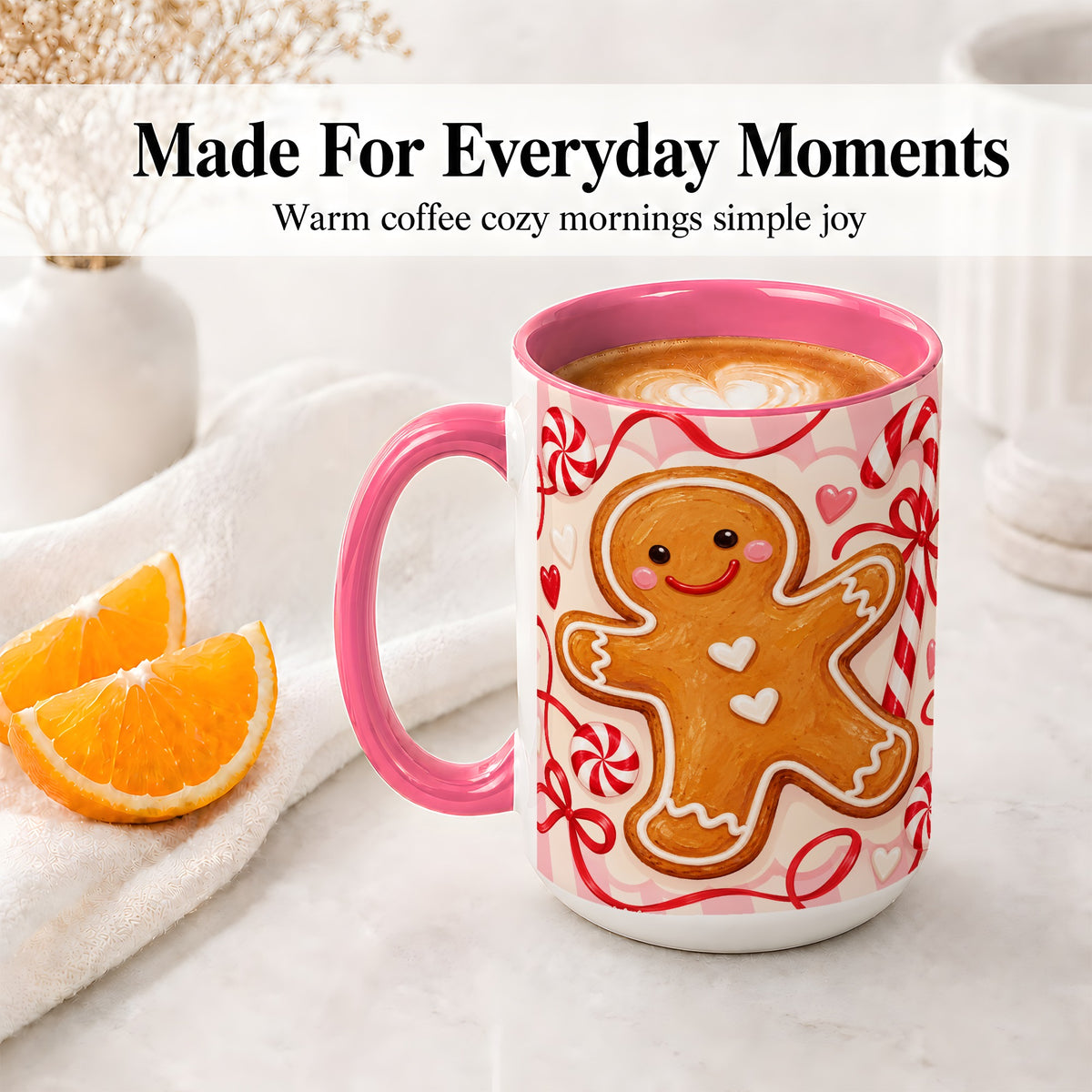 #pl[15oz|Pink] Gingerbread Candy Cane Ceramic Mug with Peppermint Christmas Artwork