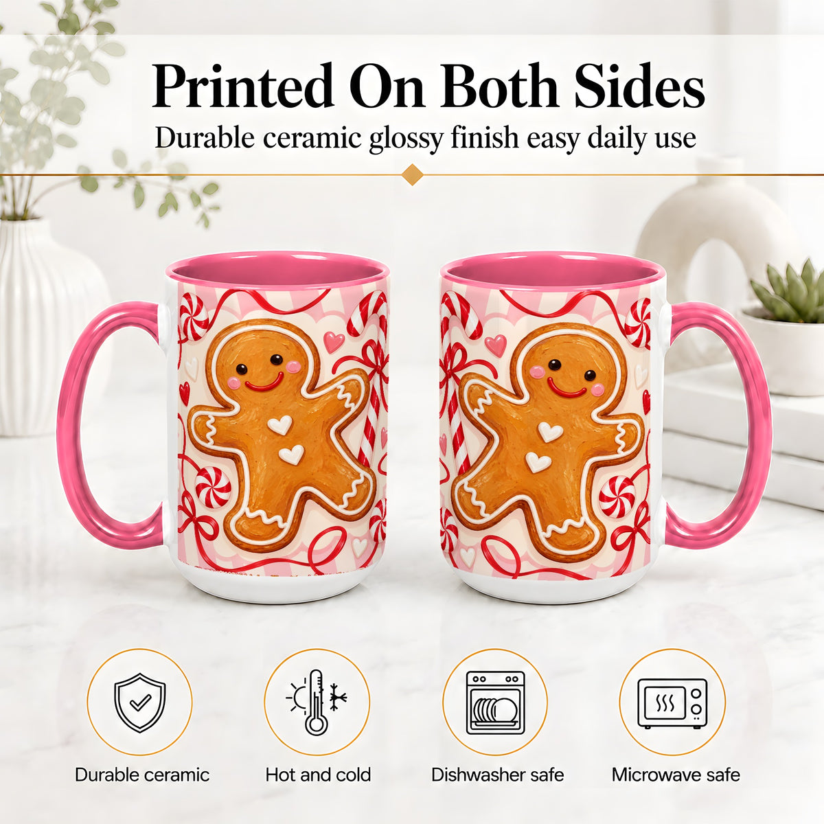 #pl[15oz|Pink] Gingerbread Candy Cane Ceramic Mug with Peppermint Christmas Artwork