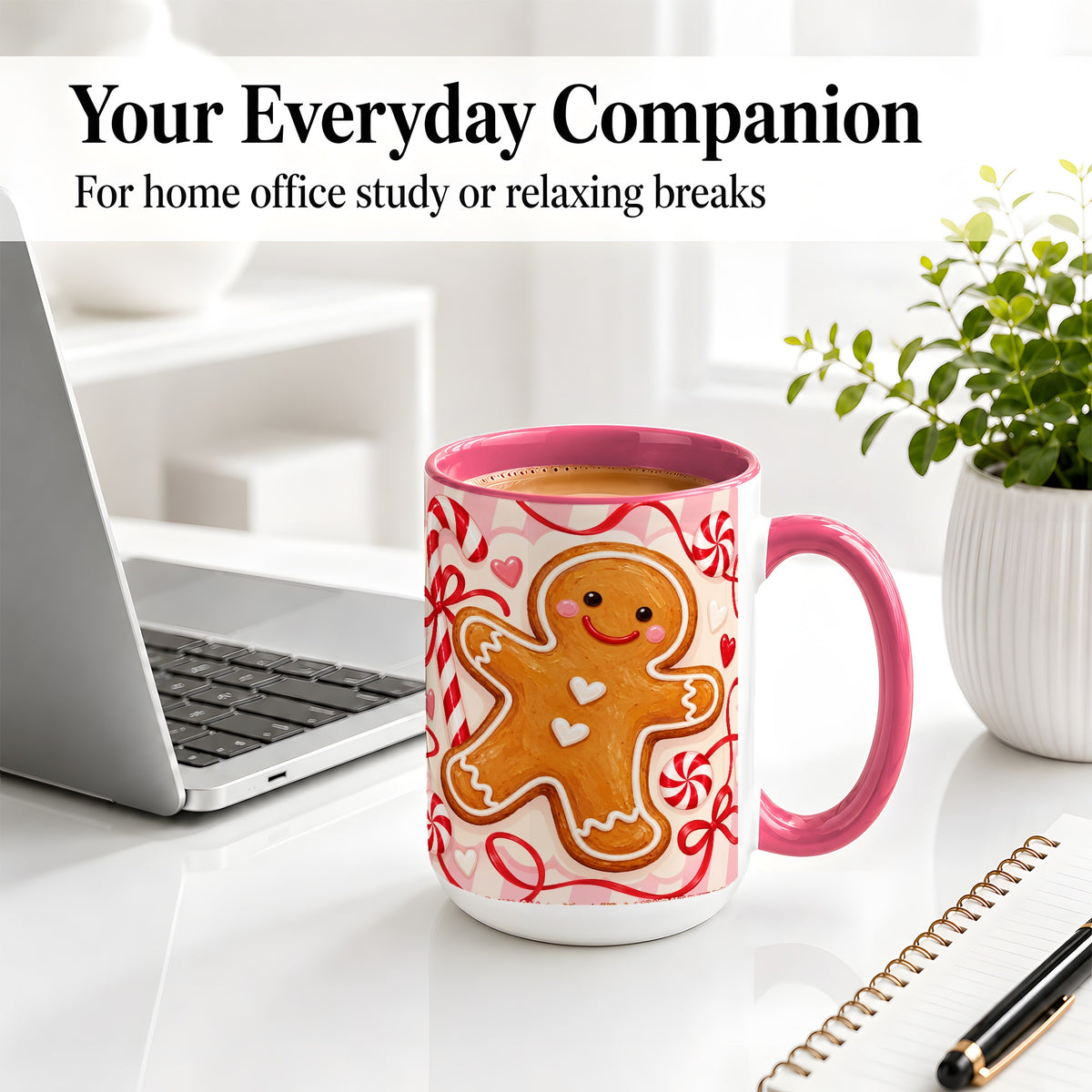 #pl[15oz|Pink] Gingerbread Candy Cane Ceramic Mug with Peppermint Christmas Artwork