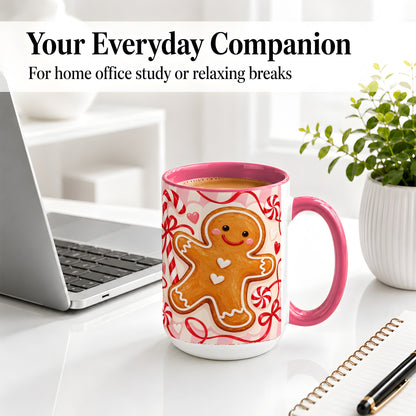 #pl[15oz|Pink] Gingerbread Candy Cane Ceramic Mug with Peppermint Christmas Artwork