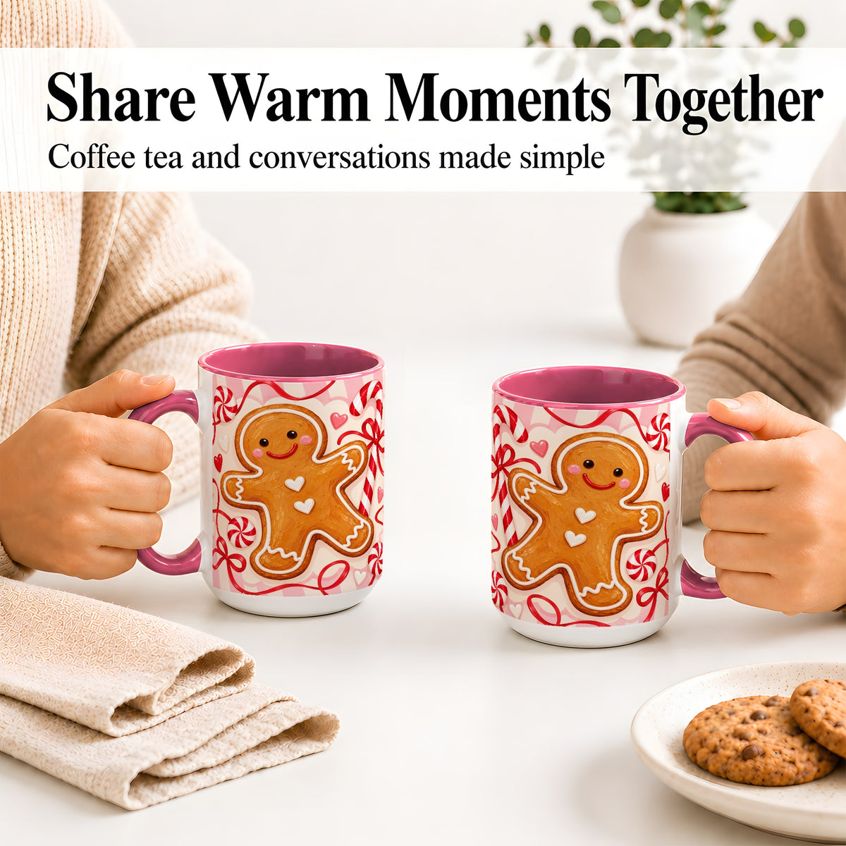#pl[15oz|Pink] Gingerbread Candy Cane Ceramic Mug with Peppermint Christmas Artwork