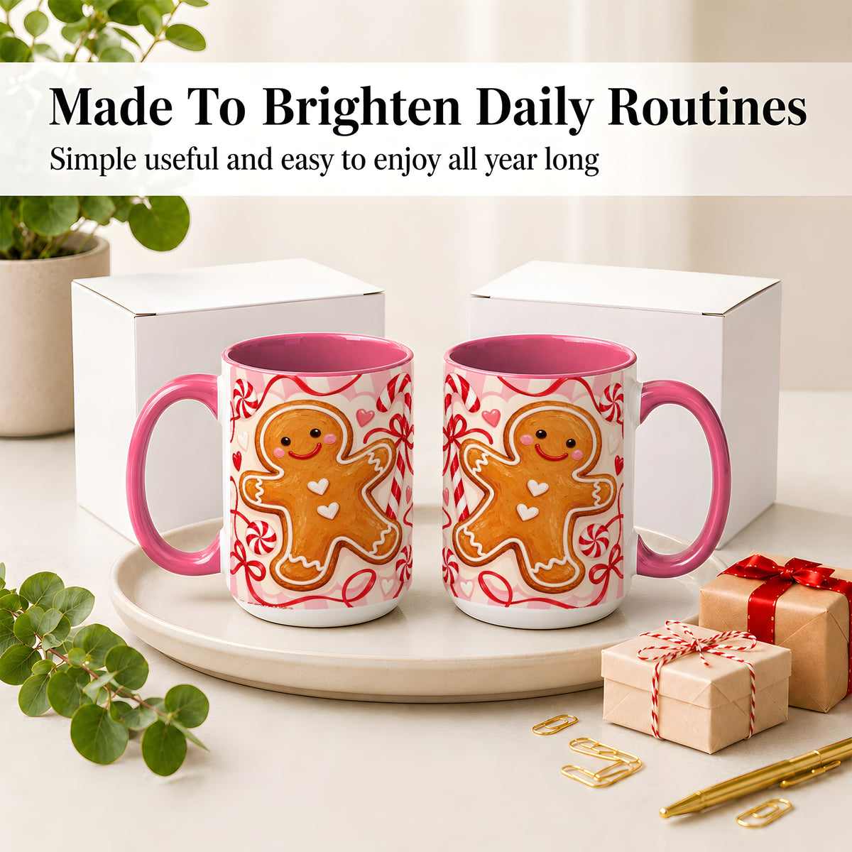 #pl[15oz|Pink] Gingerbread Candy Cane Ceramic Mug with Peppermint Christmas Artwork
