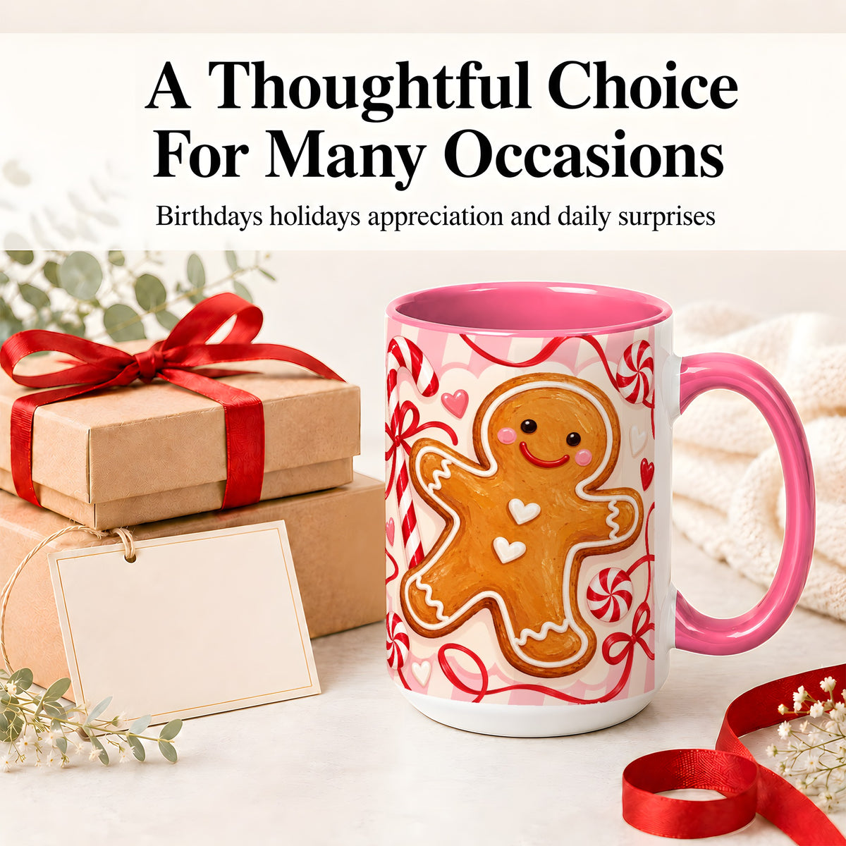 #pl[15oz|Pink] Gingerbread Candy Cane Ceramic Mug with Peppermint Christmas Artwork