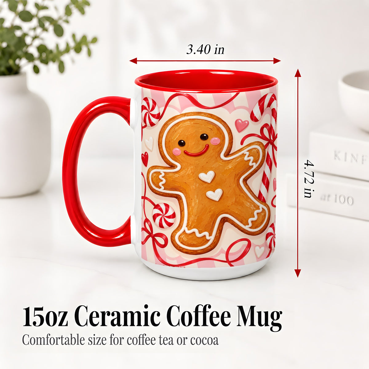 #pl[15oz|Red] Gingerbread Candy Cane Ceramic Mug with Peppermint Christmas Artwork