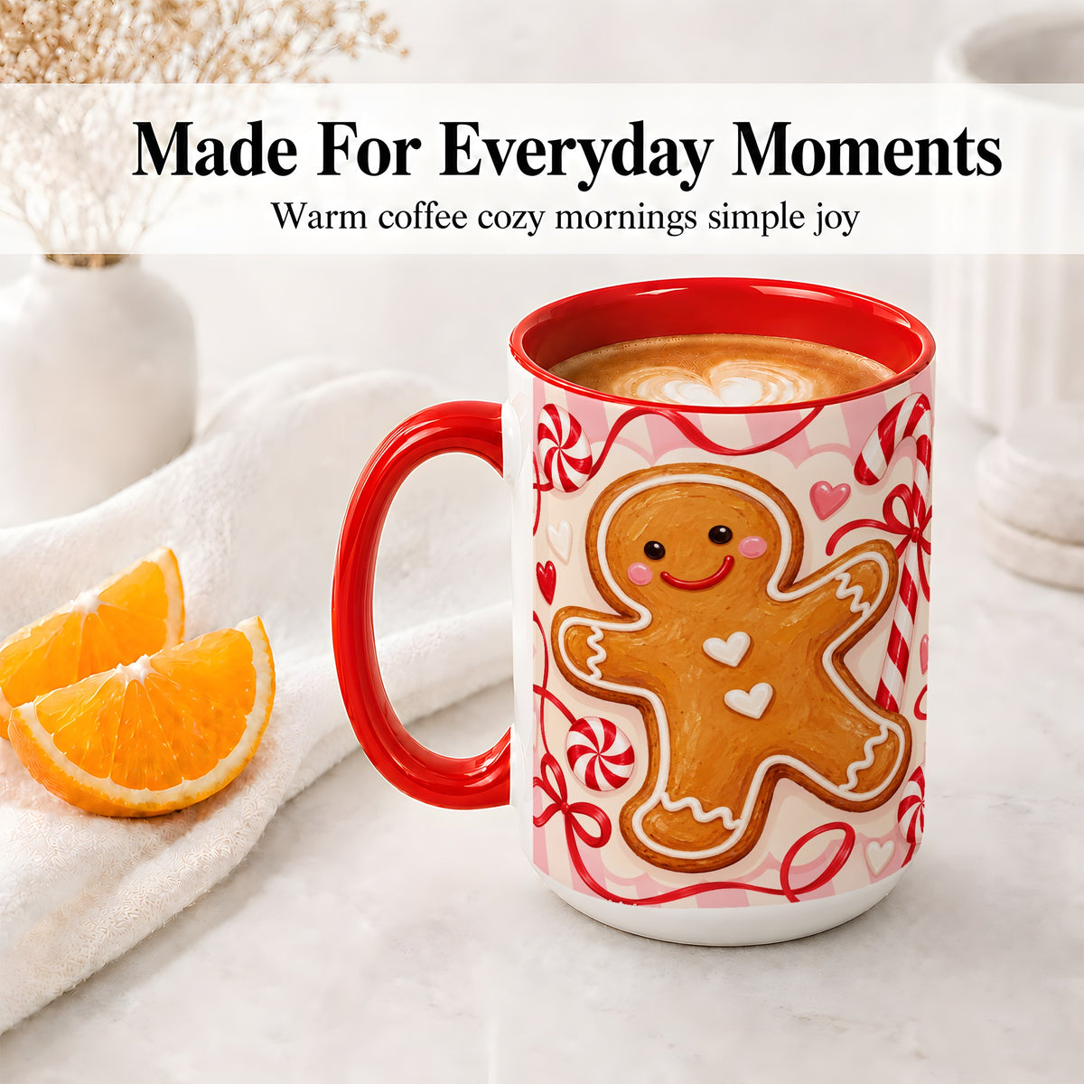 #pl[15oz|Red] Gingerbread Candy Cane Ceramic Mug with Peppermint Christmas Artwork