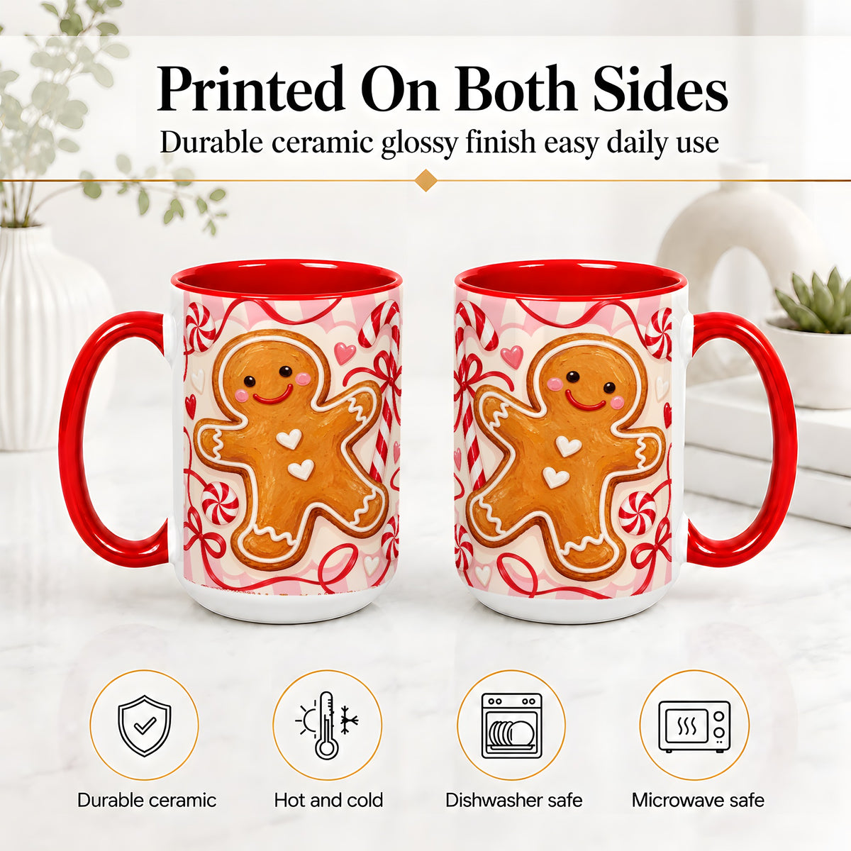 #pl[15oz|Red] Gingerbread Candy Cane Ceramic Mug with Peppermint Christmas Artwork