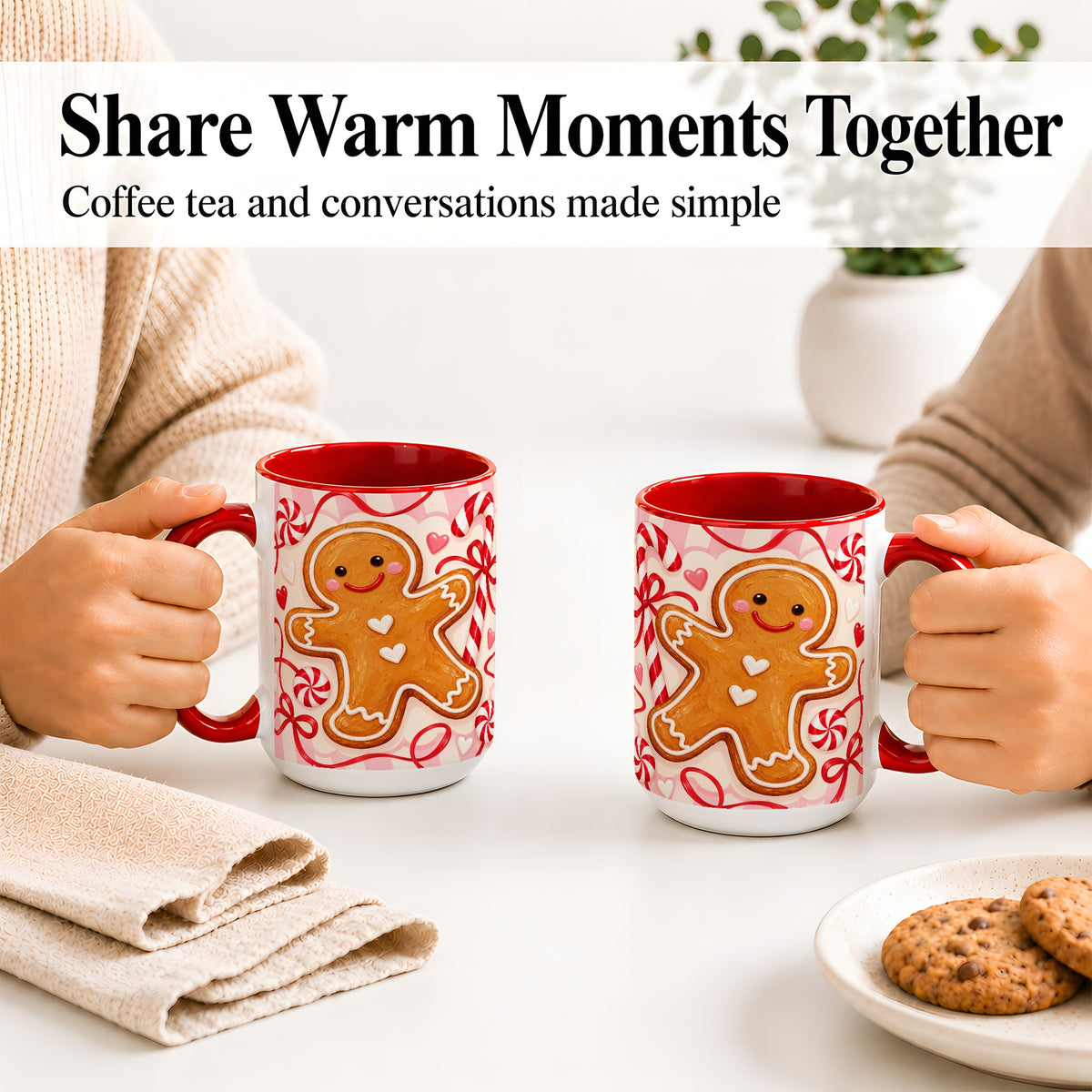 #pl[15oz|Red] Gingerbread Candy Cane Ceramic Mug with Peppermint Christmas Artwork