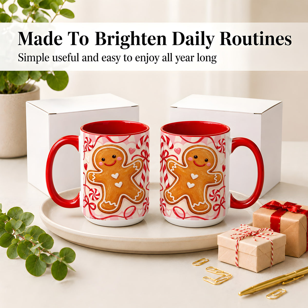#pl[15oz|Red] Gingerbread Candy Cane Ceramic Mug with Peppermint Christmas Artwork