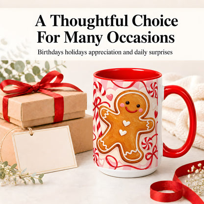#pl[15oz|Red] Gingerbread Candy Cane Ceramic Mug with Peppermint Christmas Artwork