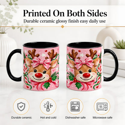 #pl[11oz|Black] Christmas Reindeer Ceramic Mug with Pink Bow and Candy Cane Artwork