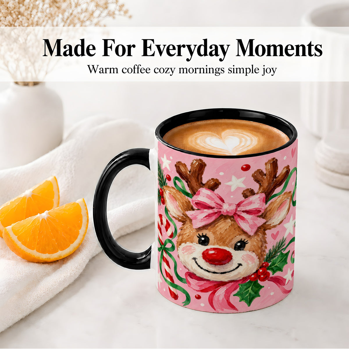 #pl[11oz|Black] Christmas Reindeer Ceramic Mug with Pink Bow and Candy Cane Artwork