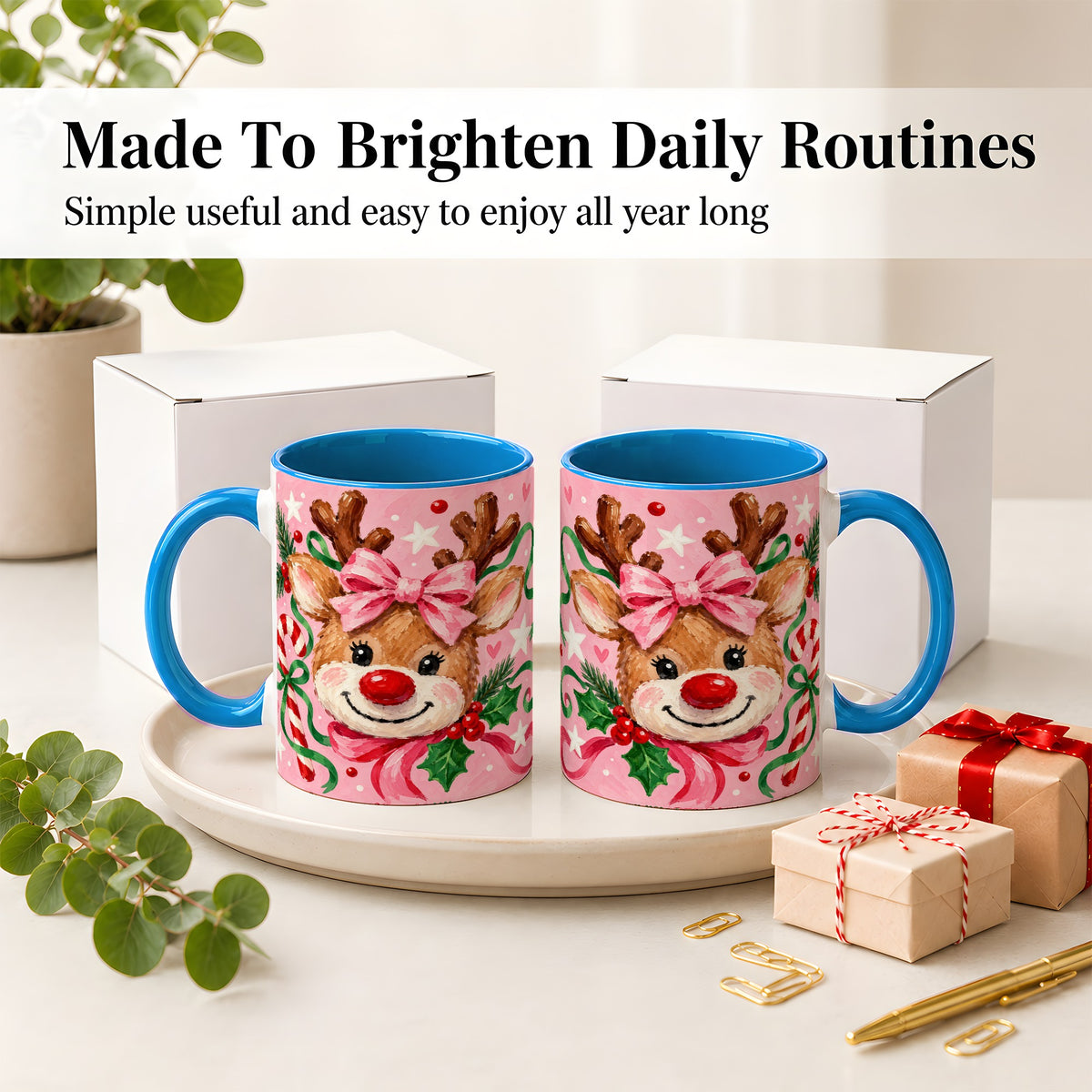 #pl[11oz|Blue] Christmas Reindeer Ceramic Mug with Pink Bow and Candy Cane Artwork