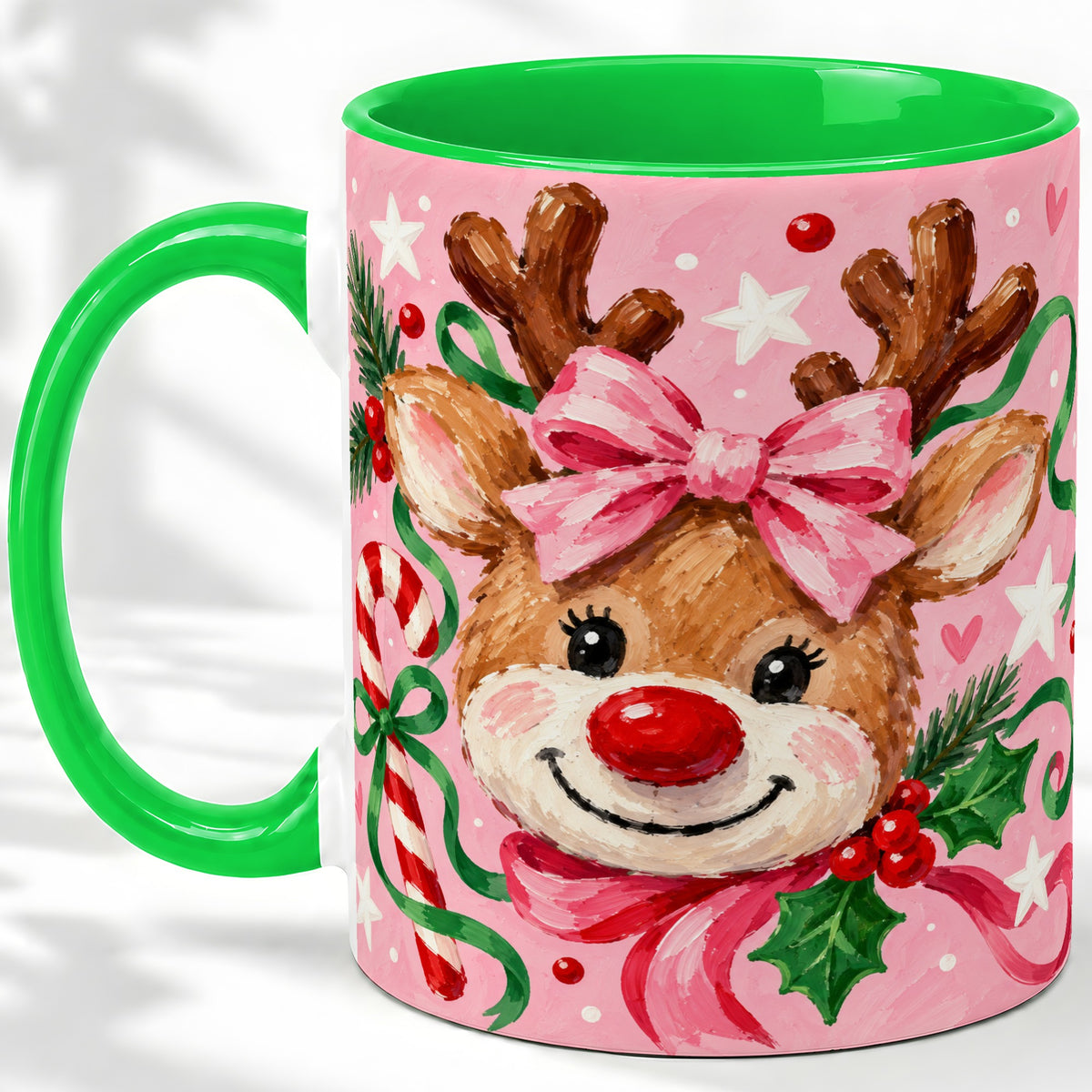#pl[11oz|Green] Christmas Reindeer Ceramic Mug with Pink Bow and Candy Cane Artwork