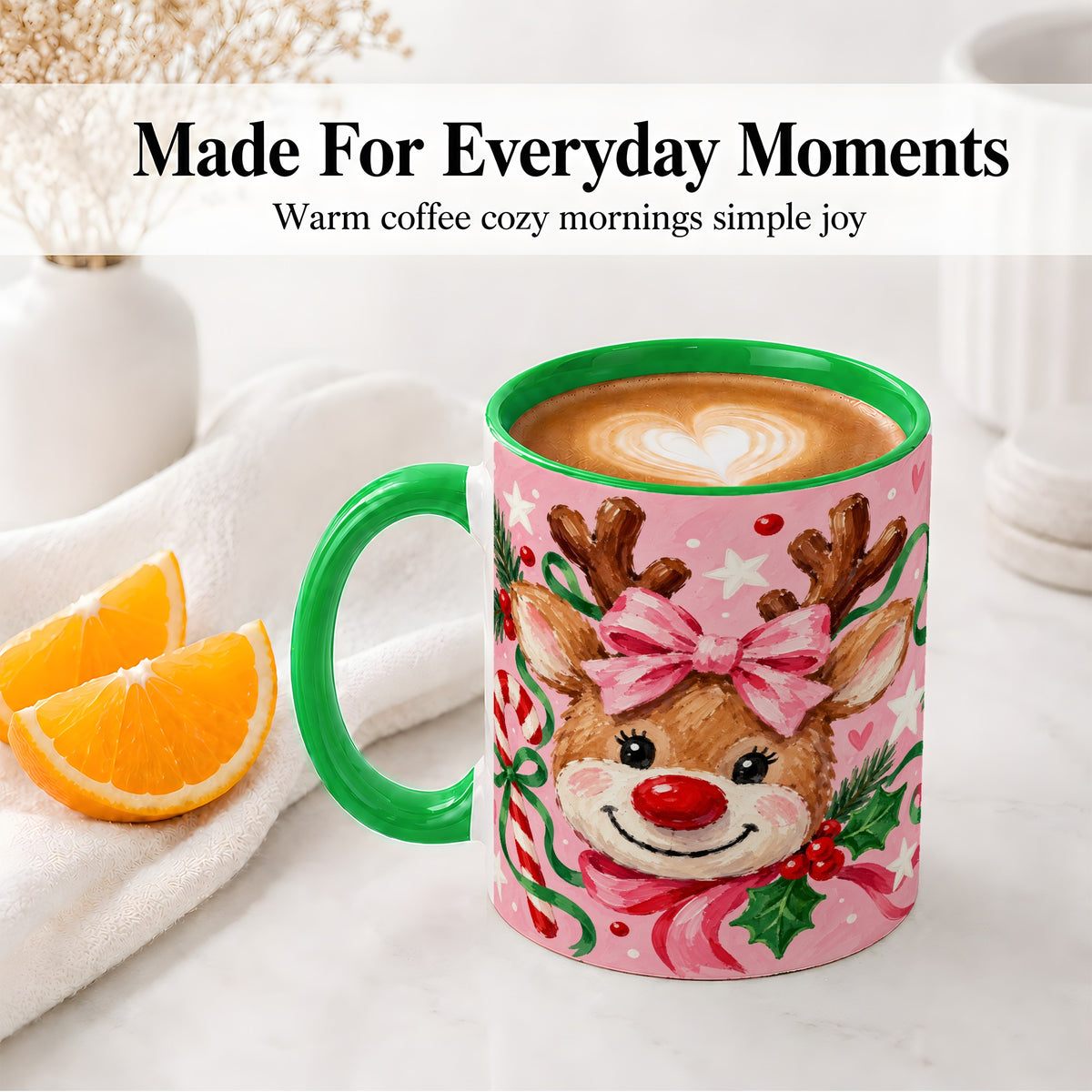 #pl[11oz|Green] Christmas Reindeer Ceramic Mug with Pink Bow and Candy Cane Artwork