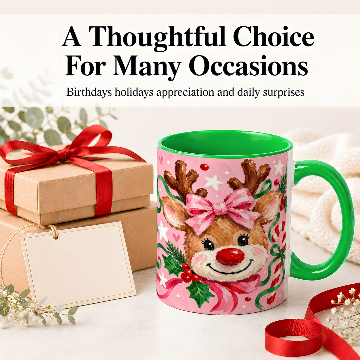 #pl[11oz|Green] Christmas Reindeer Ceramic Mug with Pink Bow and Candy Cane Artwork
