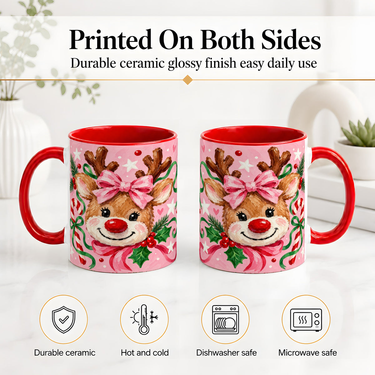 #pl[11oz|Red] Christmas Reindeer Ceramic Mug with Pink Bow and Candy Cane Artwork