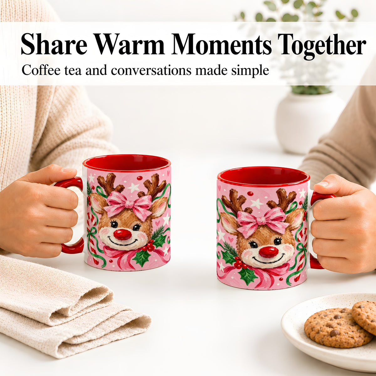 #pl[11oz|Red] Christmas Reindeer Ceramic Mug with Pink Bow and Candy Cane Artwork
