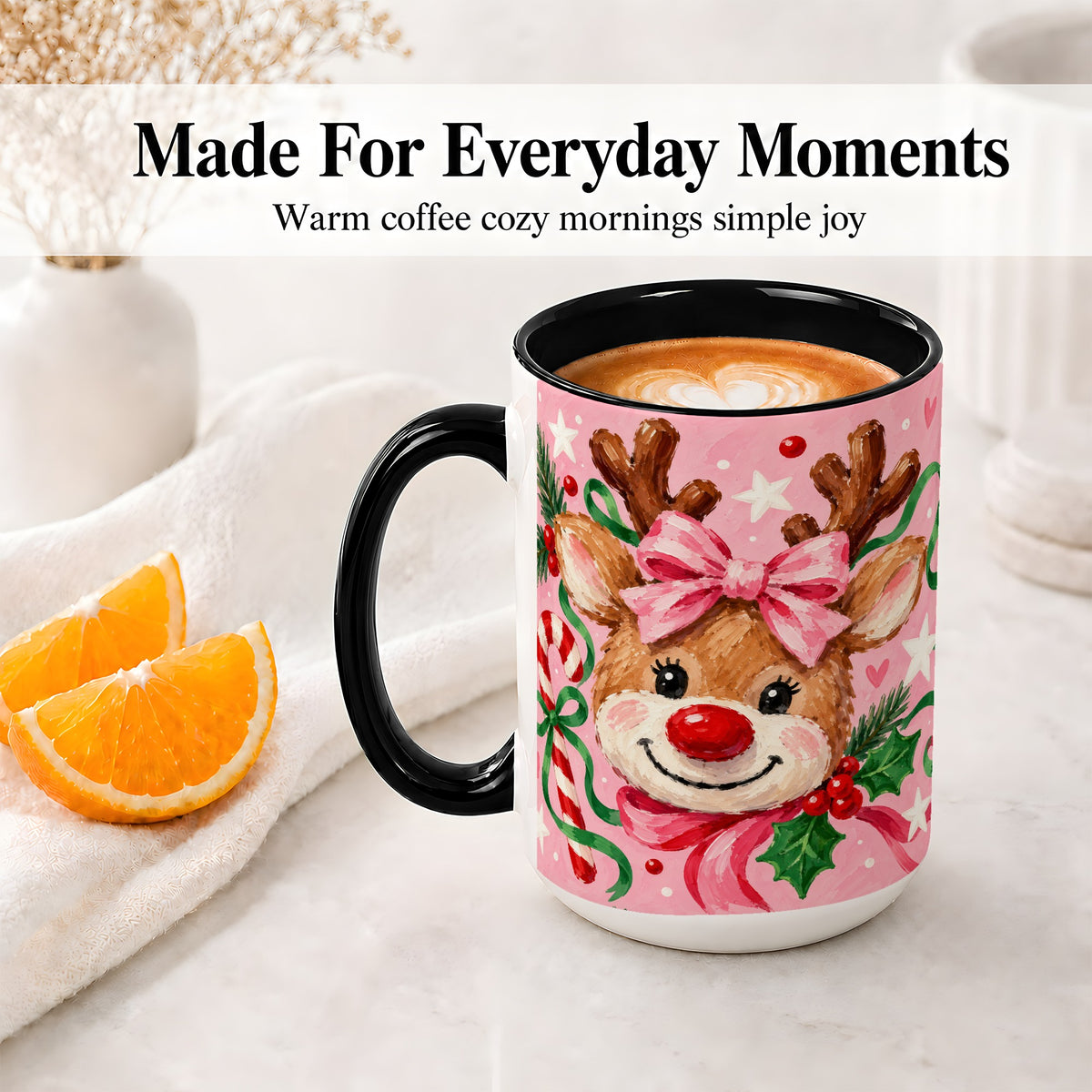 #pl[15oz|Black] Christmas Reindeer Ceramic Mug with Pink Bow and Candy Cane Artwork