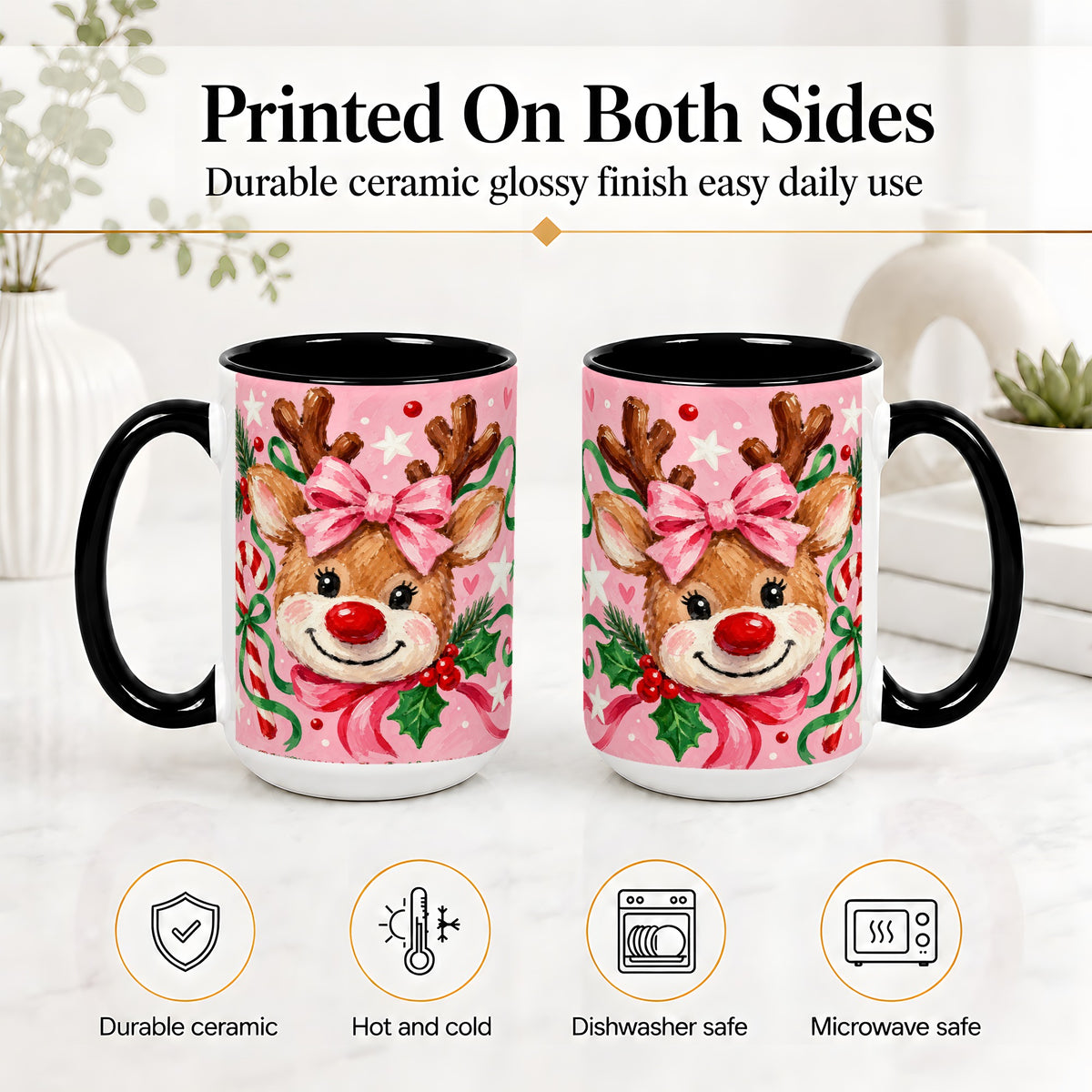 #pl[15oz|Black] Christmas Reindeer Ceramic Mug with Pink Bow and Candy Cane Artwork