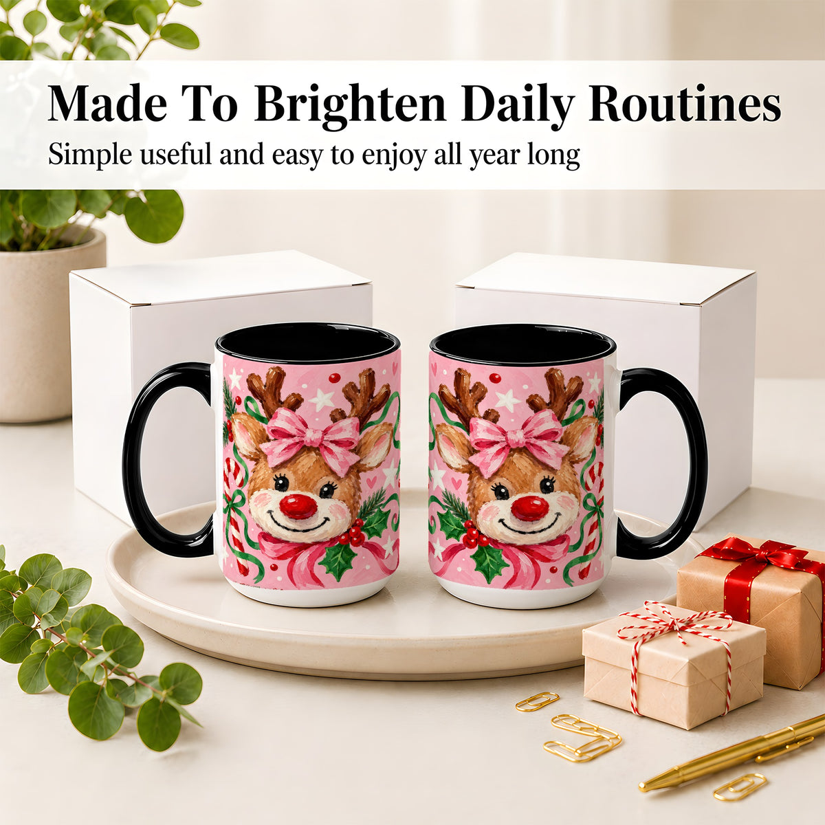 #pl[15oz|Black] Christmas Reindeer Ceramic Mug with Pink Bow and Candy Cane Artwork