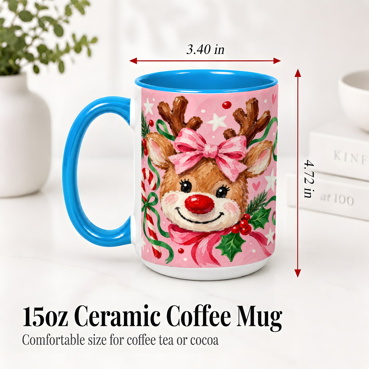 #pl[15oz|Blue] Christmas Reindeer Ceramic Mug with Pink Bow and Candy Cane Artwork